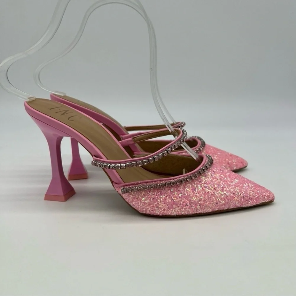 INC International Concepts Gylana Pink Glitter Mule Heels/Rhinestone Straps - Picture 14 of 15